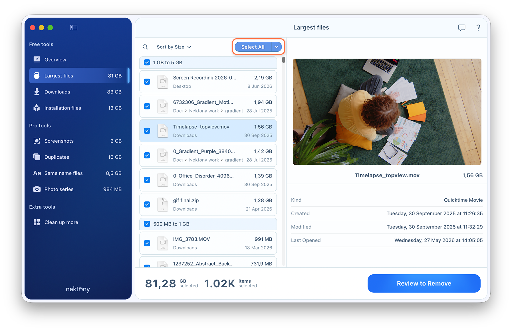 Select files for removal Cleaner-app window