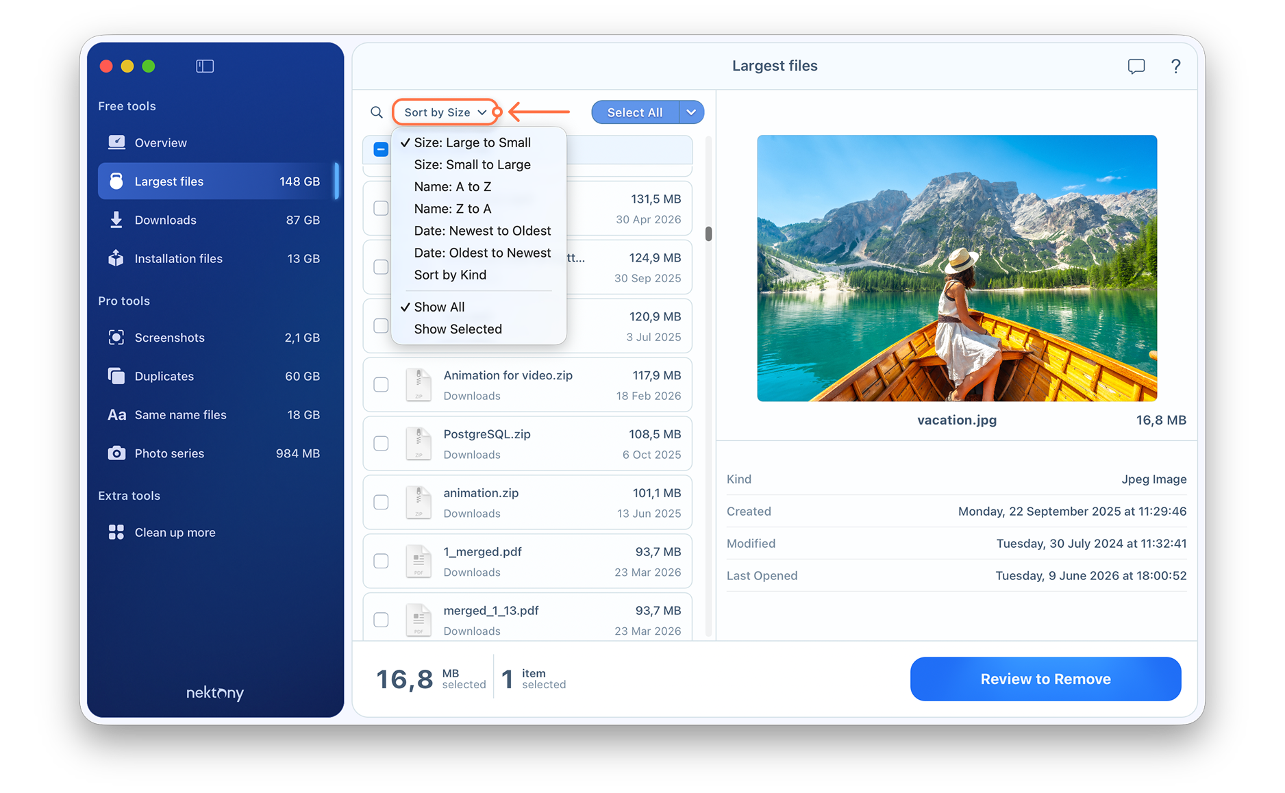 Cleaner-app showing how to sort files