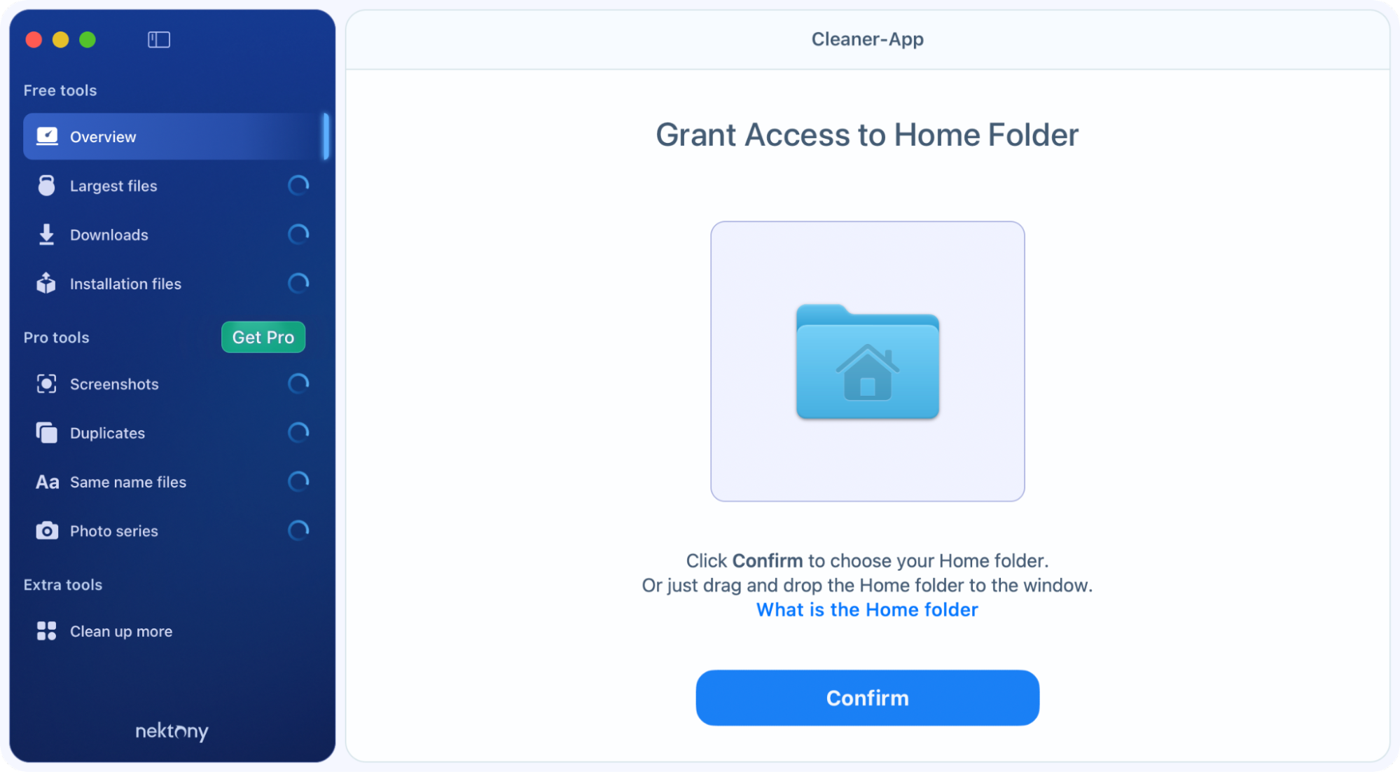Grant Access to Home Folder screen in Cleaner-App with the Confirm button