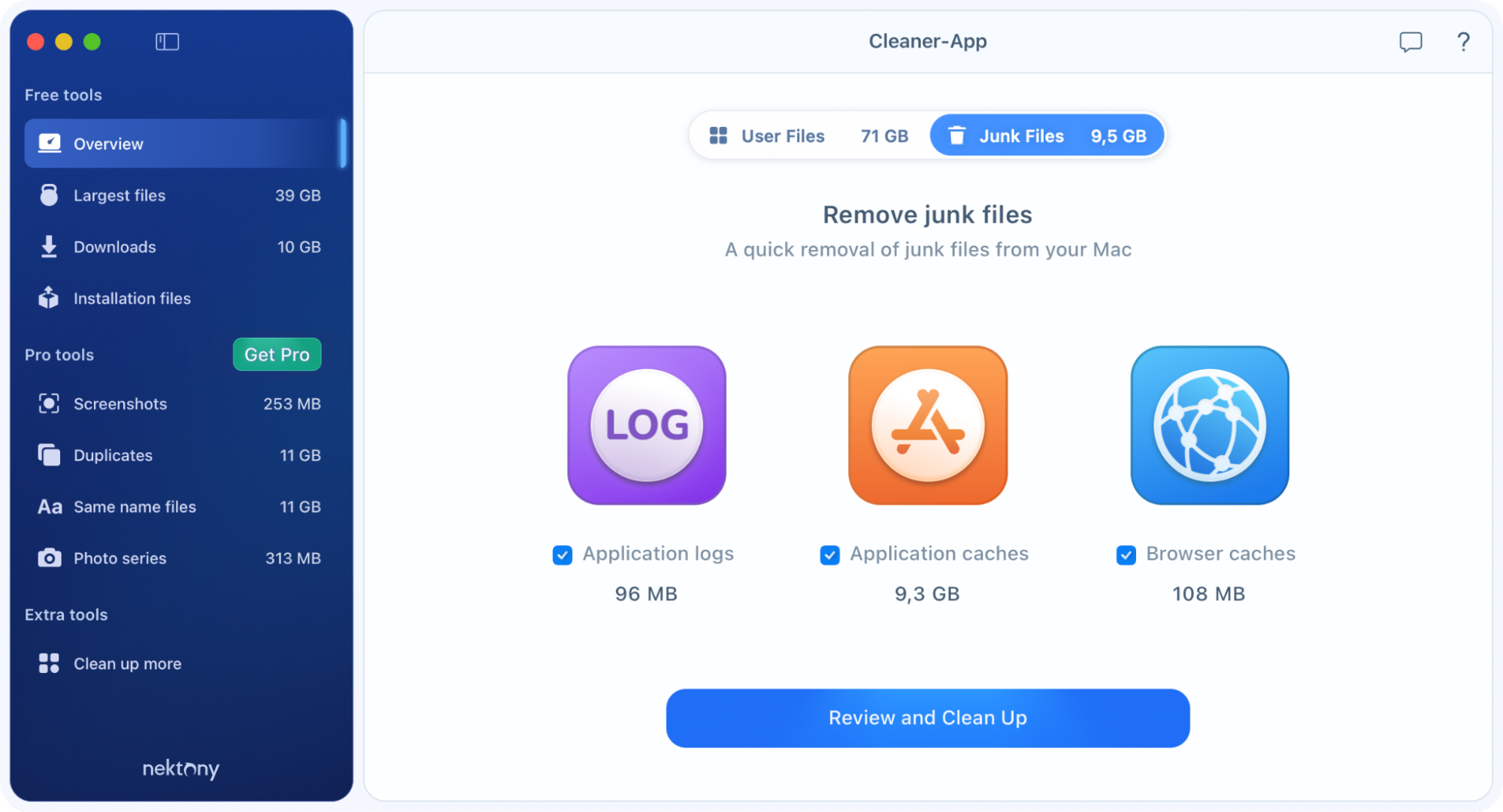 Junk Files view in Cleaner-App with application logs, application caches and browser caches selected