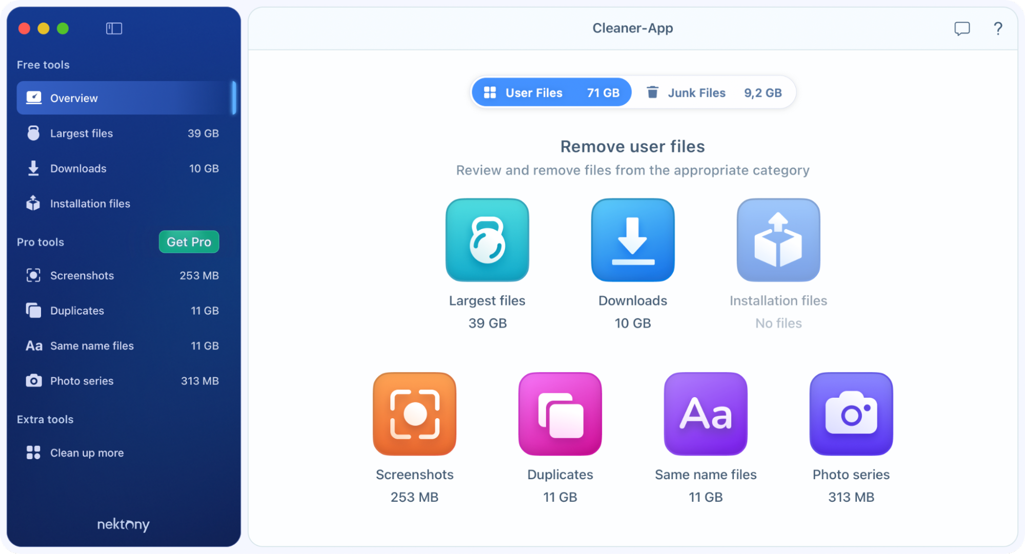 Overview in Cleaner-App with the User Files view showing the size of each file category